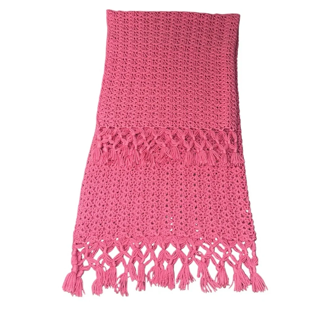 📌Handmade Crochet Pink Throw Blanket Boho Fringe Afghan 65x45 Home Decor